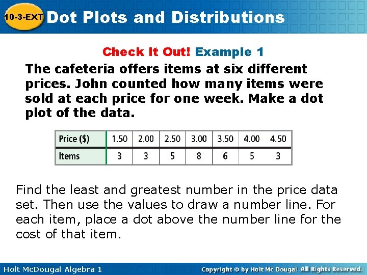 10 -3 -EXT Dot Plots and Distributions Check It Out! Example 1 The cafeteria