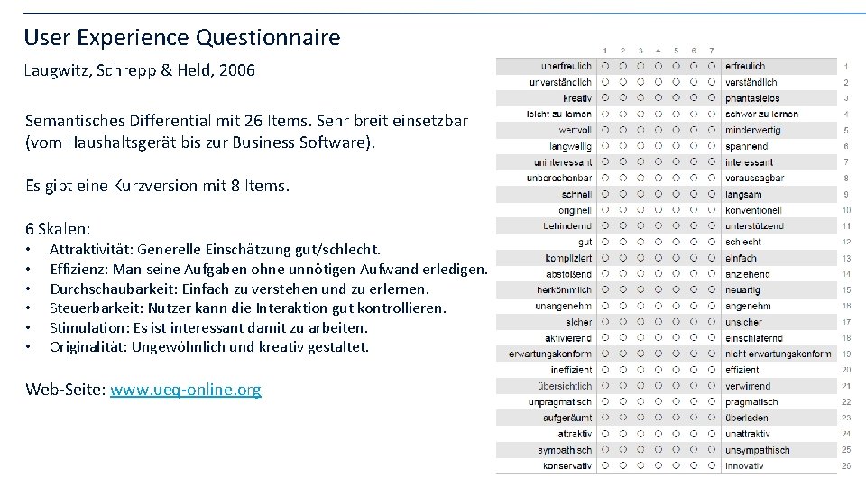 User Experience Questionnaire Laugwitz, Schrepp & Held, 2006 Semantisches Differential mit 26 Items. Sehr