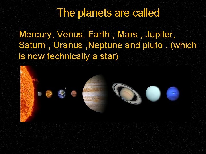 The planets are called Mercury, Venus, Earth , Mars , Jupiter, Saturn , Uranus