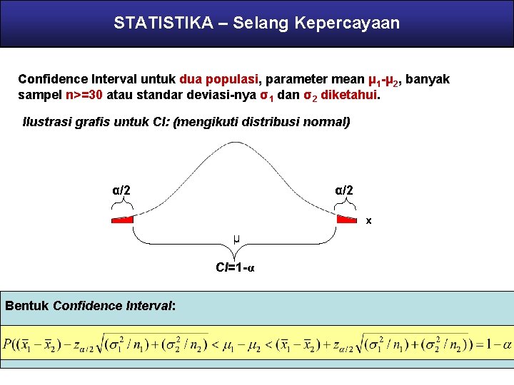 STATISTIKA – Selang Kepercayaan Confidence Interval untuk dua populasi, parameter mean μ 1 -μ