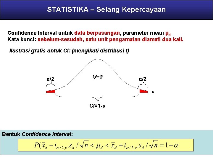 STATISTIKA – Selang Kepercayaan Confidence Interval untuk data berpasangan, parameter mean μd Kata kunci: