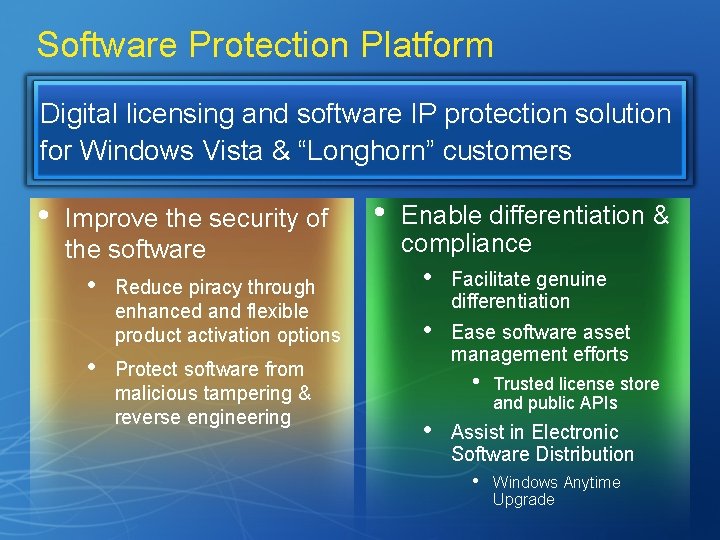 Software Protection Platform Digital licensing and software IP protection solution for Windows Vista &