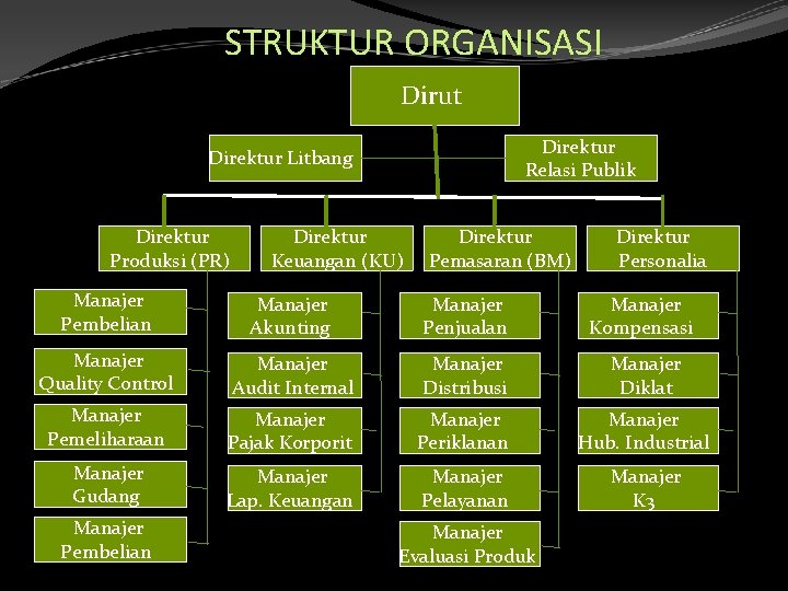 STRUKTUR ORGANISASI Dirut Direktur Relasi Publik Direktur Litbang Direktur Produksi (PR) Direktur Keuangan (KU) STRUKTUR ORGANISASI Dirut Direktur Relasi Publik Direktur Litbang Direktur Produksi (PR) Direktur Keuangan (KU)