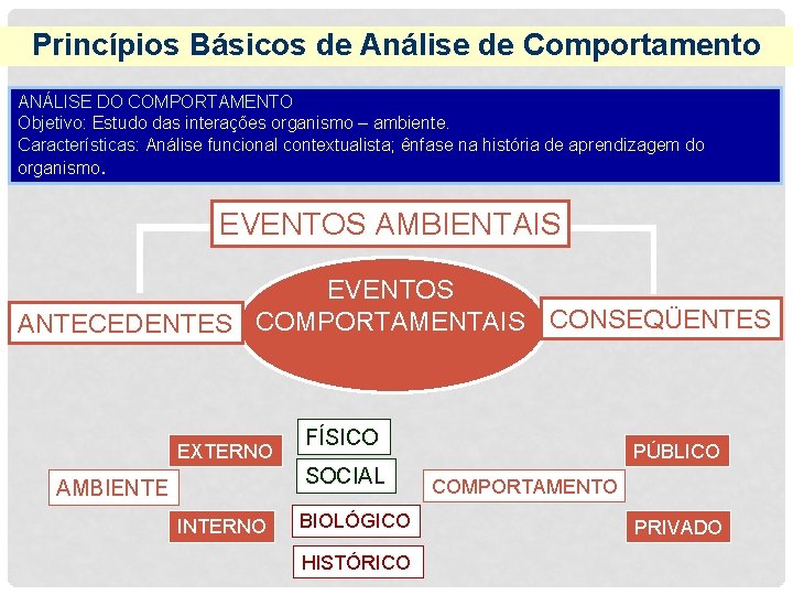 Princípios Básicos de Análise de Comportamento ANÁLISE DO COMPORTAMENTO Objetivo: Estudo das interações organismo