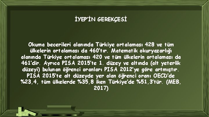 İYEP’İN GEREKÇESİ Okuma becerileri alanında Türkiye ortalaması 428 ve tüm ülkelerin ortalaması da 460’tır.