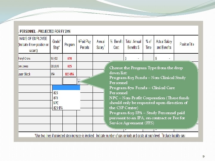 Choose the Program Type from the drop down list: Program 825 Funds – Non-Clinical