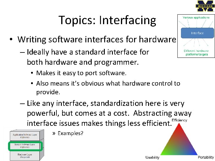 Topics: Interfacing • Writing software interfaces for hardware – Ideally have a standard interface