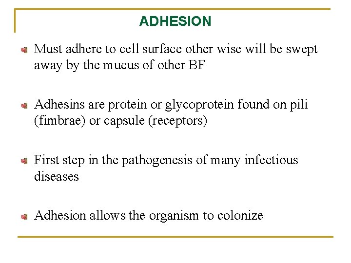 ADHESION Must adhere to cell surface other wise will be swept away by the