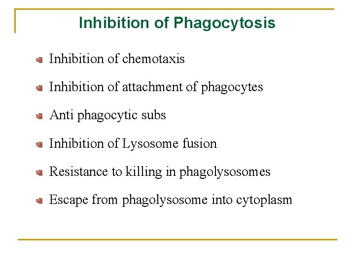 Inhibition of Phagocytosis Inhibition of chemotaxis Inhibition of attachment of phagocytes Anti phagocytic subs