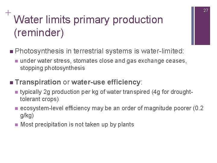 + 27 Water limits primary production (reminder) n Photosynthesis n under water stress, stomates