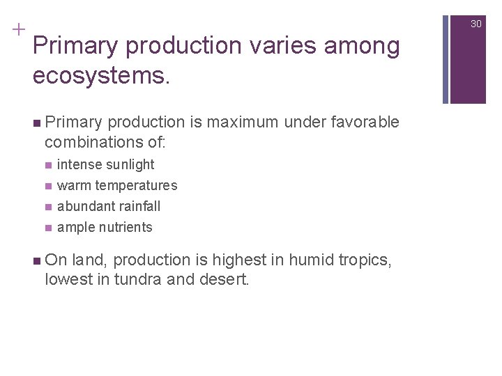 + 30 Primary production varies among ecosystems. n Primary production is maximum under favorable