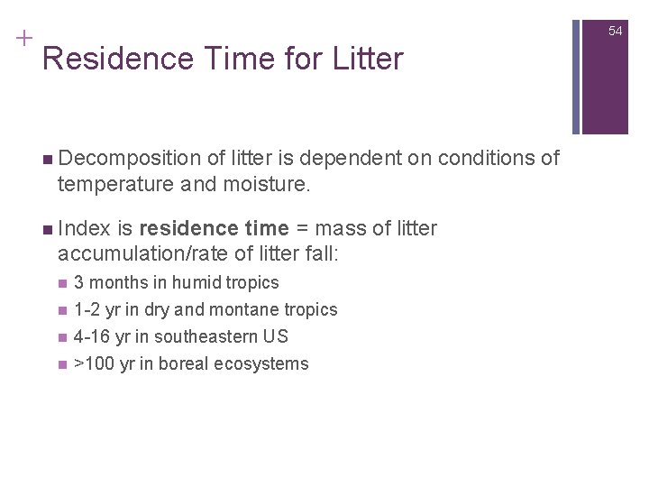 + 54 Residence Time for Litter n Decomposition of litter is dependent on conditions