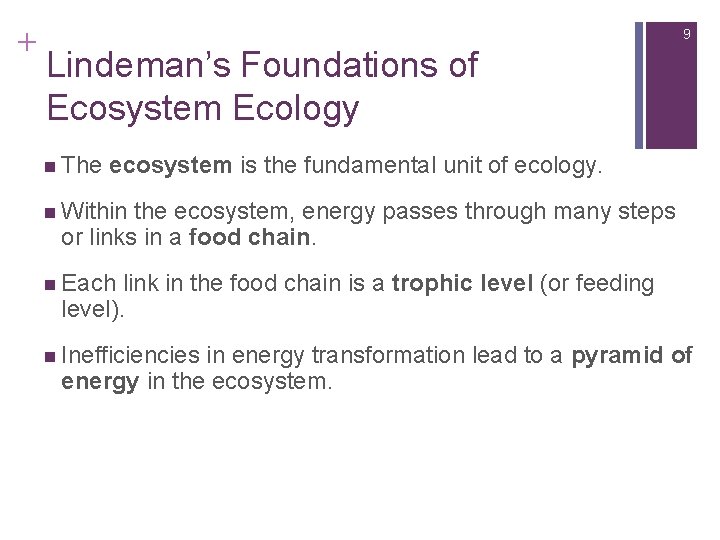 + 9 Lindeman’s Foundations of Ecosystem Ecology n The ecosystem is the fundamental unit
