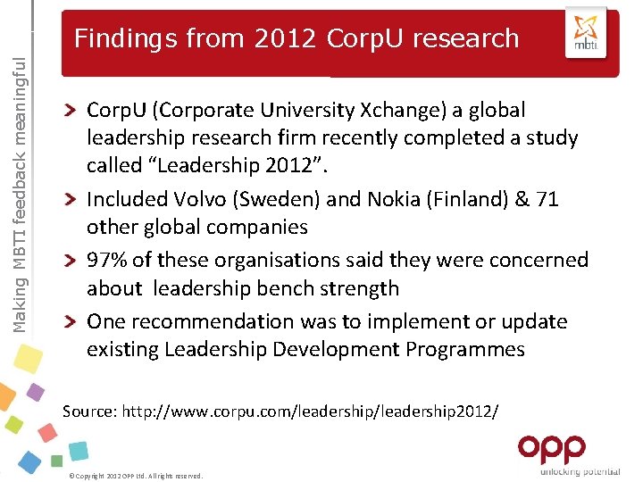 Making MBTI feedback meaningful Findings from 2012 Corp. U research Corp. U (Corporate University