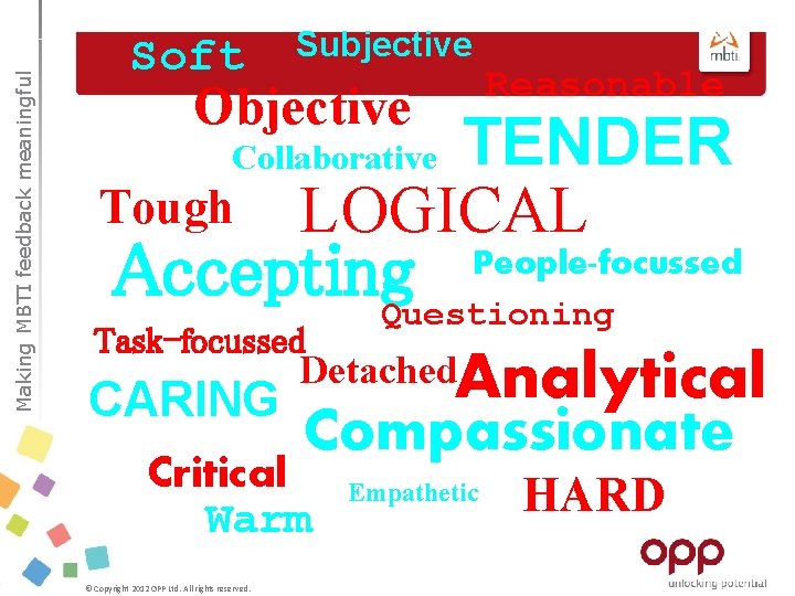Making MBTI feedback meaningful Soft Subjective Objective Reasonable TENDER LOGICAL Collaborative Tough Accepting Task-focussed