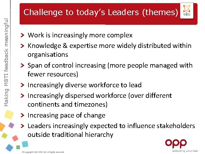 Making MBTI feedback meaningful Challenge to today’s Leaders (themes) Work is increasingly more complex