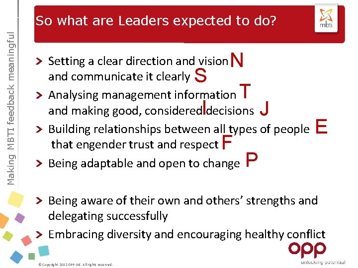 Making MBTI feedback meaningful So what are Leaders expected to do? Setting a clear