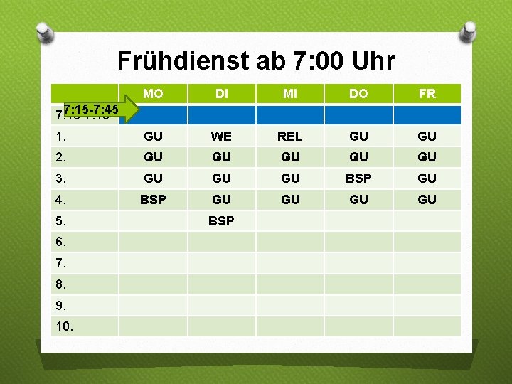 Frühdienst ab 7: 00 Uhr MO DI MI DO FR 1. GU WE REL