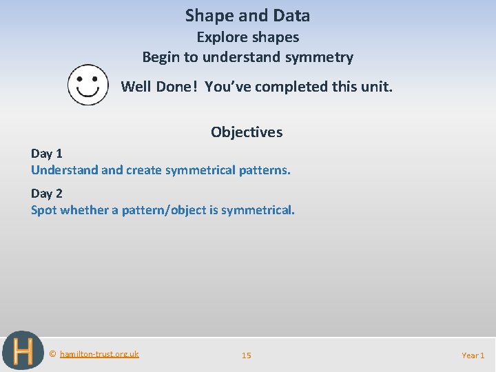 Shape and Data Explore shapes Begin to understand symmetry Well Done! You’ve completed this