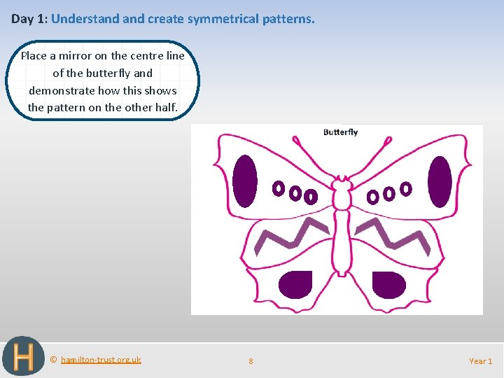 Day 1: Understand create symmetrical patterns. Place a mirror on the centre line of