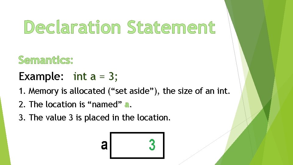 Declaration Statement Semantics: Example: int a = 3; 1. Memory is allocated (“set aside”), Declaration Statement Semantics: Example: int a = 3; 1. Memory is allocated (“set aside”),