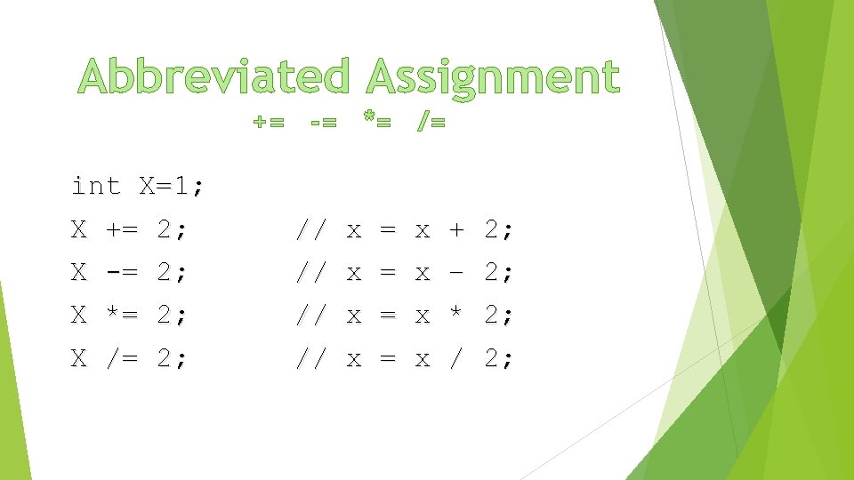 Abbreviated Assignment += -= *= /= int X=1; X += 2; X X -=