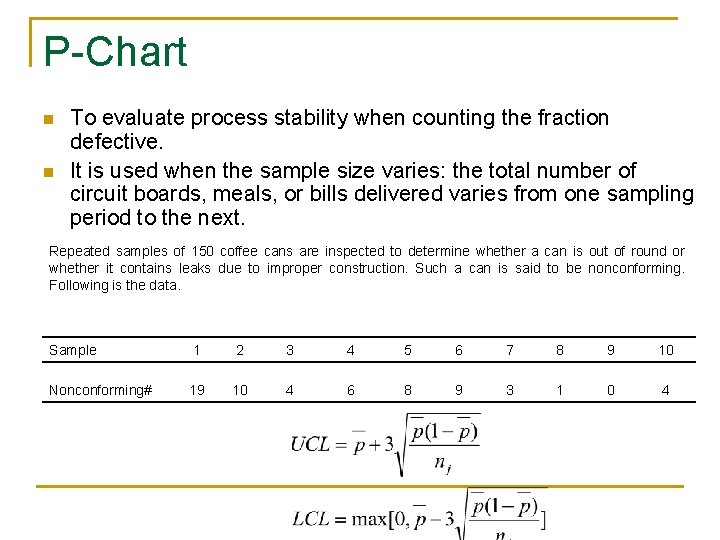 P-Chart n n To evaluate process stability when counting the fraction defective. It is