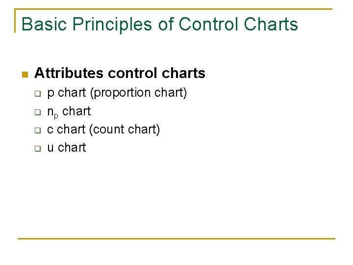 Basic Principles of Control Charts n Attributes control charts q q p chart (proportion