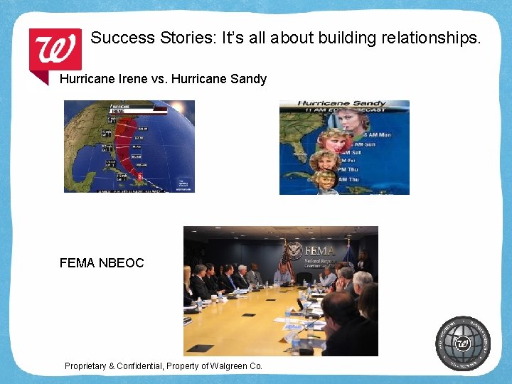 Success Stories: It’s all about building relationships. Hurricane Irene vs. Hurricane Sandy FEMA NBEOC