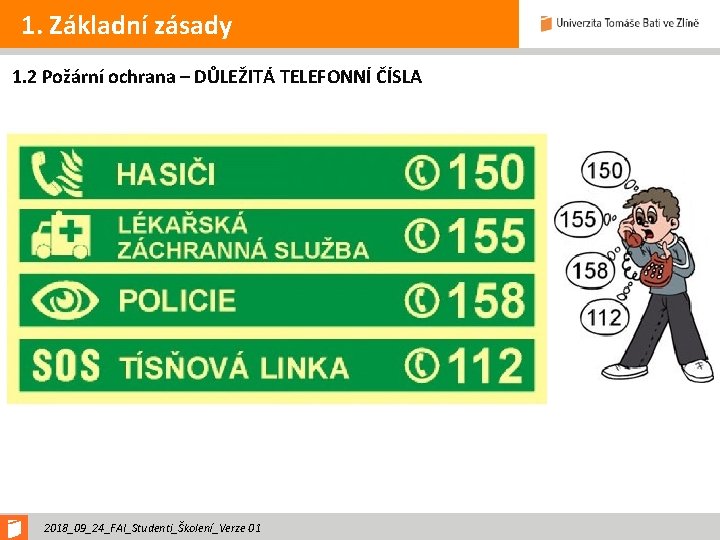 1. Základní zásady 1. 2 Požární ochrana – DŮLEŽITÁ TELEFONNÍ ČÍSLA 2018_09_24_FAI_Studenti_Školení_Verze 01 