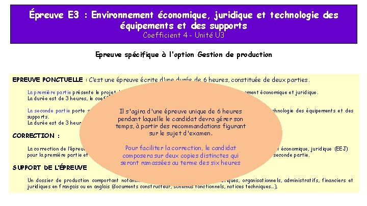 Épreuve E 3 : Environnement économique, juridique et technologie des équipements et des supports Épreuve E 3 : Environnement économique, juridique et technologie des équipements et des supports