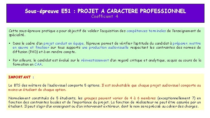 Sous-épreuve E 51 : PROJET A CARACTERE PROFESSIONNEL Coefficient 4 Cette sous-épreuve pratique a Sous-épreuve E 51 : PROJET A CARACTERE PROFESSIONNEL Coefficient 4 Cette sous-épreuve pratique a