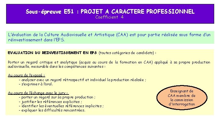 Sous-épreuve E 51 : PROJET A CARACTERE PROFESSIONNEL Coefficient 4 L’évaluation de la Culture Sous-épreuve E 51 : PROJET A CARACTERE PROFESSIONNEL Coefficient 4 L’évaluation de la Culture