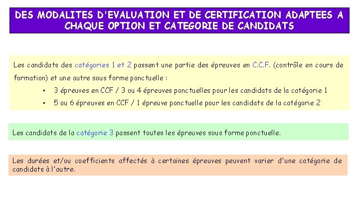 DES MODALITES D'EVALUATION ET DE CERTIFICATION ADAPTEES A CHAQUE OPTION ET CATEGORIE DE CANDIDATS DES MODALITES D'EVALUATION ET DE CERTIFICATION ADAPTEES A CHAQUE OPTION ET CATEGORIE DE CANDIDATS