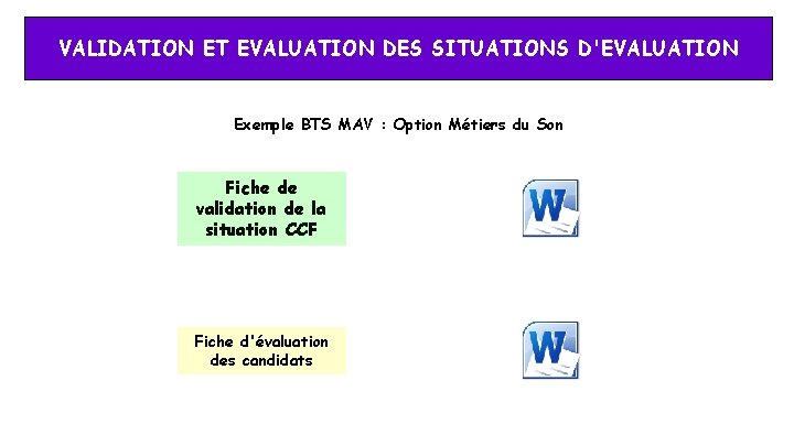 VALIDATION ET EVALUATION DES SITUATIONS D'EVALUATION Exemple BTS MAV : Option Métiers du Son VALIDATION ET EVALUATION DES SITUATIONS D'EVALUATION Exemple BTS MAV : Option Métiers du Son