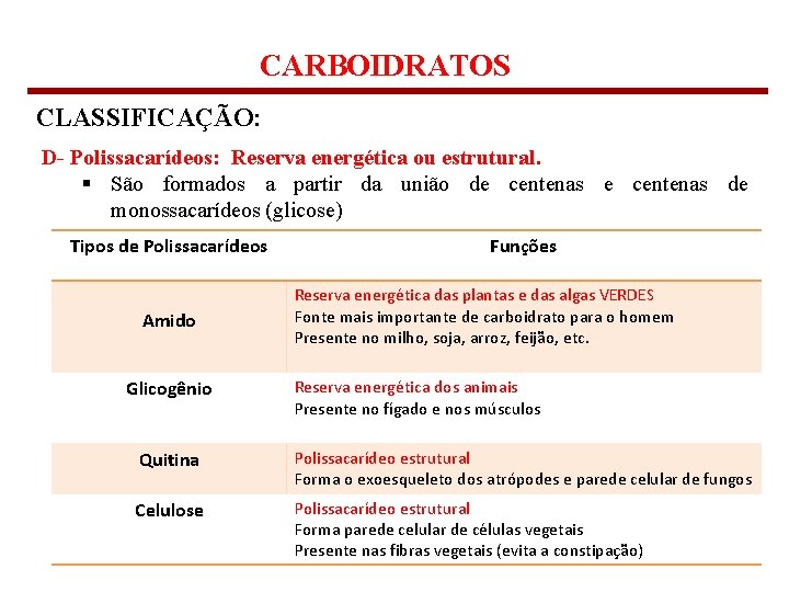 CARBOIDRATOS CLASSIFICAÇÃO: D- Polissacarídeos: Reserva energética ou estrutural. § São formados a partir da