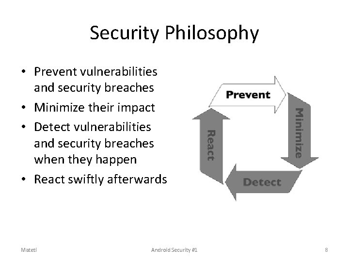 Security Philosophy • Prevent vulnerabilities and security breaches • Minimize their impact • Detect Security Philosophy • Prevent vulnerabilities and security breaches • Minimize their impact • Detect