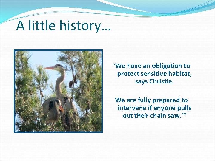 A little history… “We have an obligation to protect sensitive habitat, says Christie. We