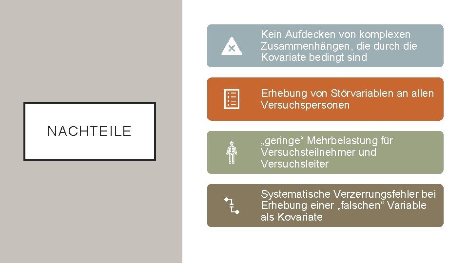 Kein Aufdecken von komplexen Zusammenhängen, die durch die Kovariate bedingt sind Erhebung von Störvariablen