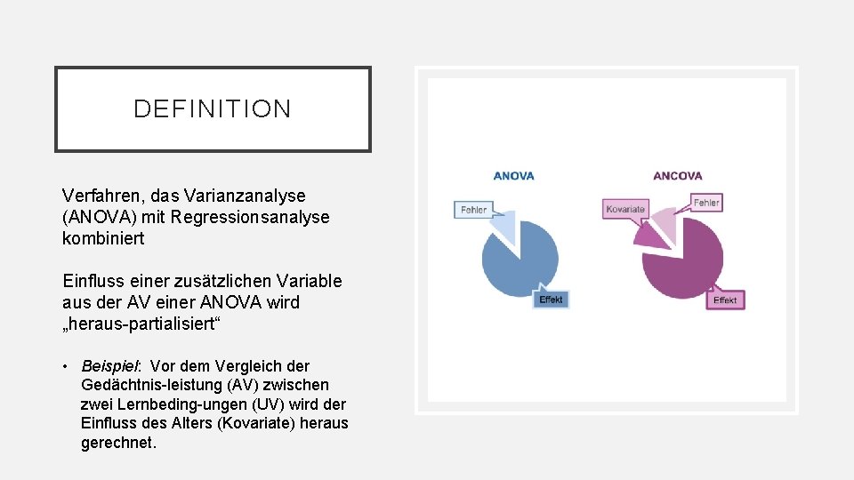 DEFINITION Verfahren, das Varianzanalyse (ANOVA) mit Regressionsanalyse kombiniert Einfluss einer zusätzlichen Variable aus der