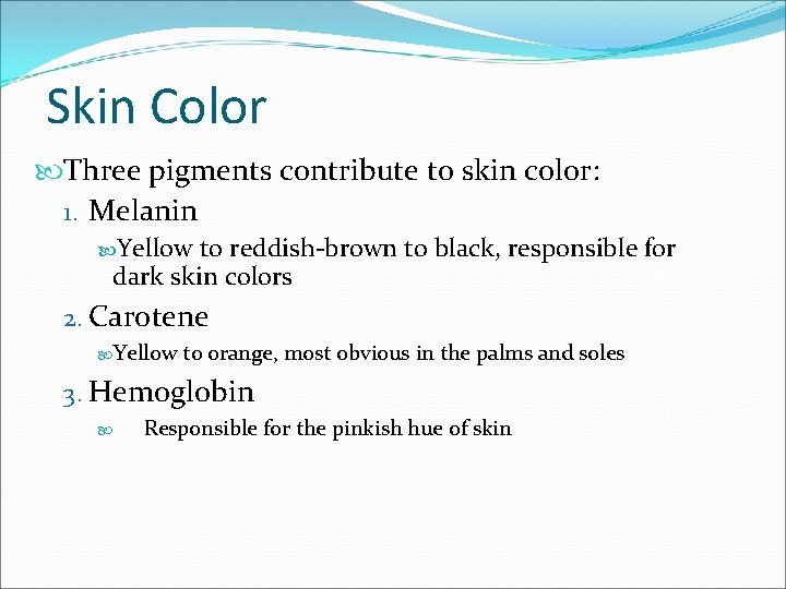 Skin Color Three pigments contribute to skin color: 1. Melanin Yellow to reddish-brown to