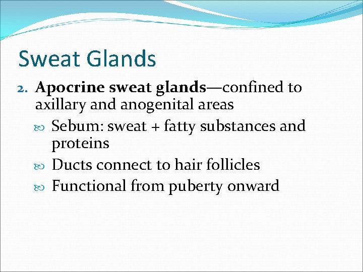Sweat Glands 2. Apocrine sweat glands—confined to axillary and anogenital areas Sebum: sweat +
