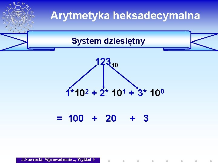 Arytmetyka heksadecymalna System dziesiętny 12310 1*102 + 2* 101 + 3* 100 = 100