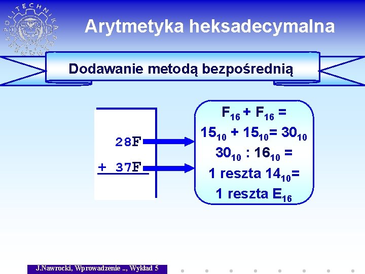 Arytmetyka heksadecymalna Dodawanie metodą bezpośrednią 28 F + 37 F J. Nawrocki, Wprowadzenie. .