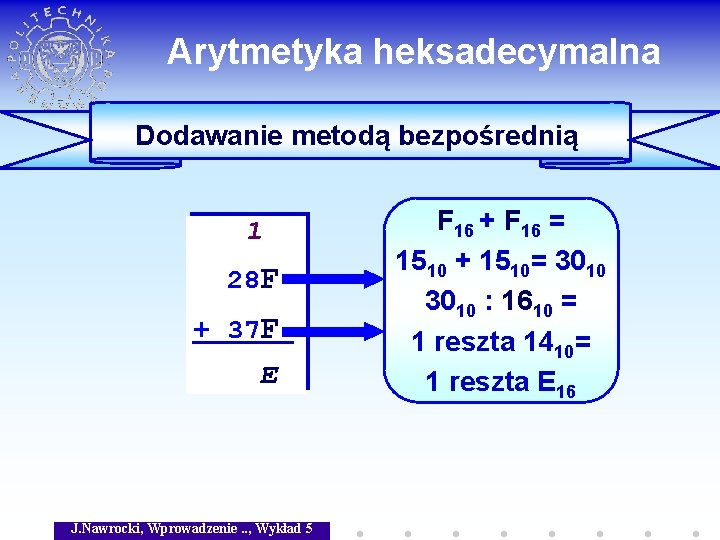 Arytmetyka heksadecymalna Dodawanie metodą bezpośrednią 1 28 F + 37 F E J. Nawrocki,