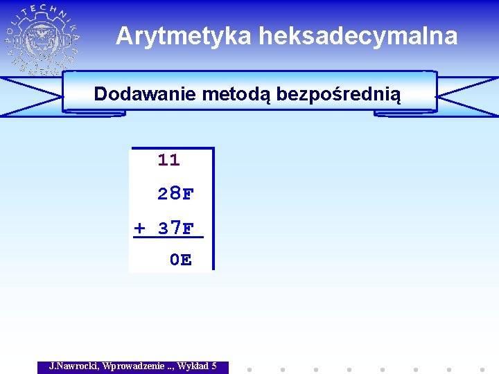 Arytmetyka heksadecymalna Dodawanie metodą bezpośrednią 11 2 8 F + 3 7 F 0