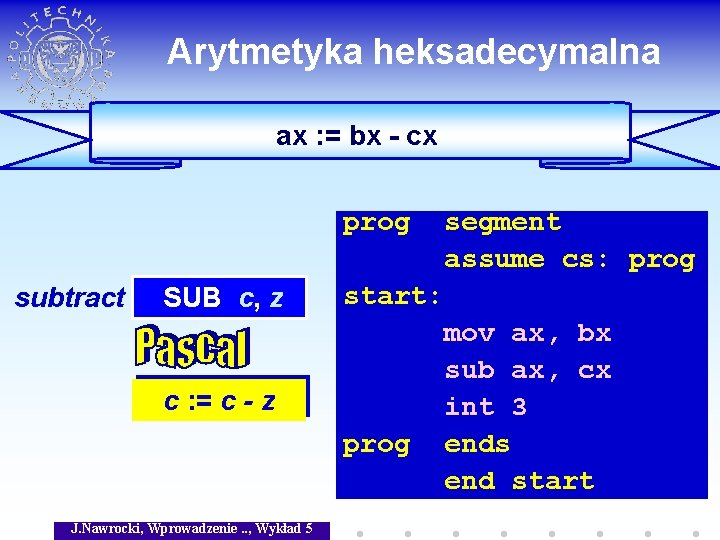 Arytmetyka heksadecymalna ax : = bx - cx prog subtract SUB c, z start: