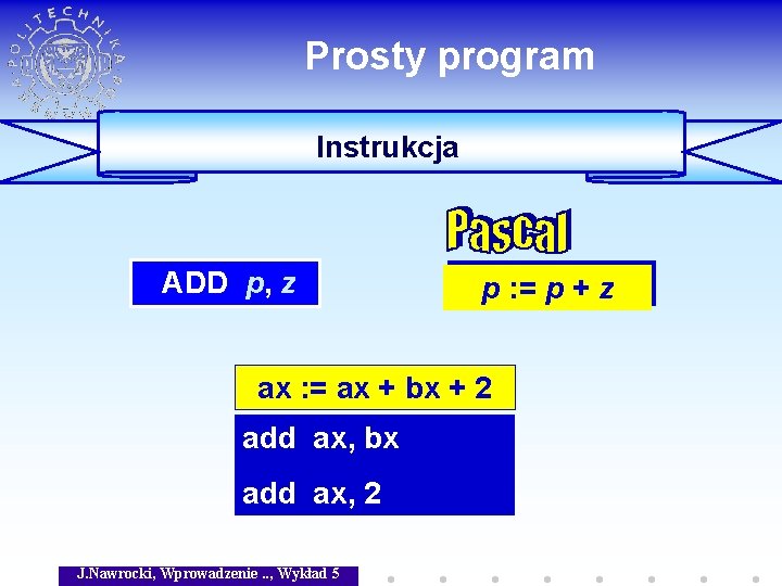 Prosty program Instrukcja ADD p, z p : = p + z ax :