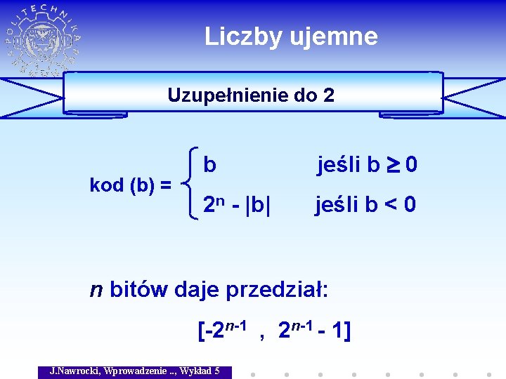 Liczby ujemne Uzupełnienie do 2 kod (b) = b jeśli b 0 2 n