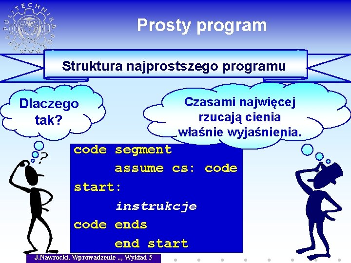 Prosty program Struktura najprostszego programu Dlaczego tak? Czasami najwięcej rzucają cienia właśnie wyjaśnienia. code